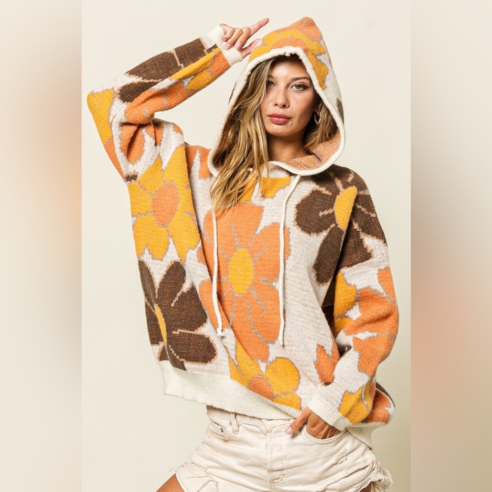 Bibi Flower Pattern Drawstring Hooded Sweater - image 1